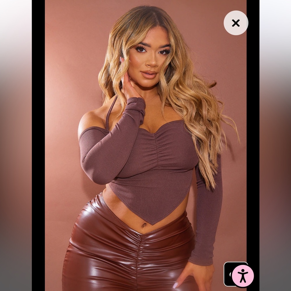 Chocolate Brown Soft Rib Ruched Front Long Sleeve Crop Top